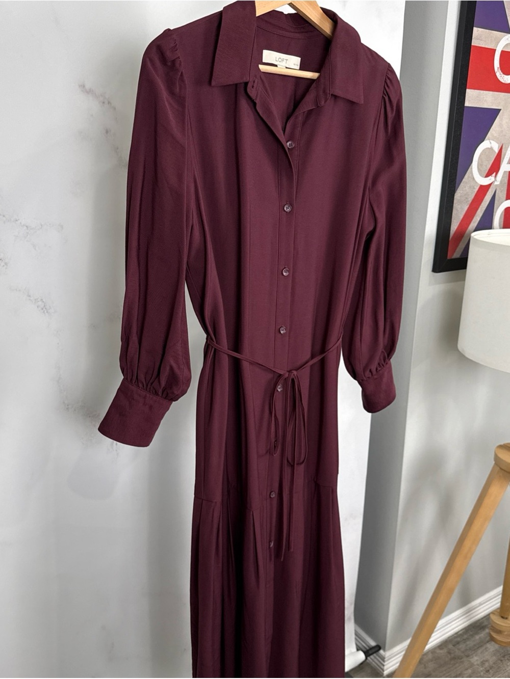 LOFT Women’s Burgandy Solid Button Front Long Sleeve Shirt Dress Size 10P - Picture 3 of 8